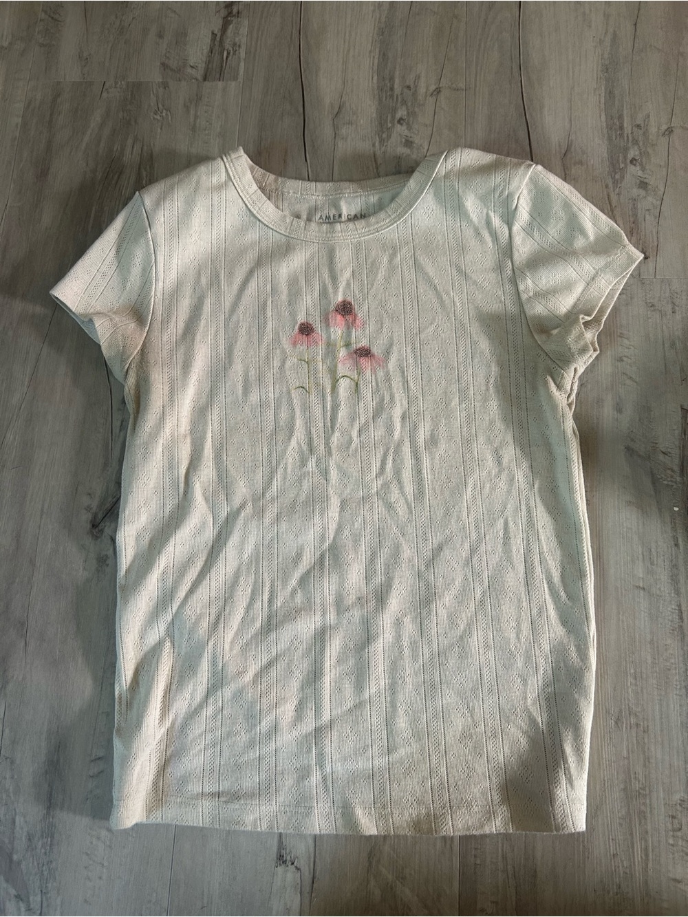 American Eagle Outfitters Cream Short Sleeve Knit Tee with Pink Floral Print